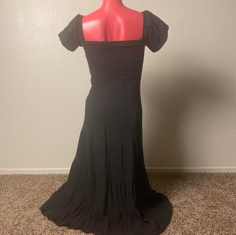 Black Smocked Maxi Dress Milkmaid Short Puff Sleeve Boho Tiered Long S
