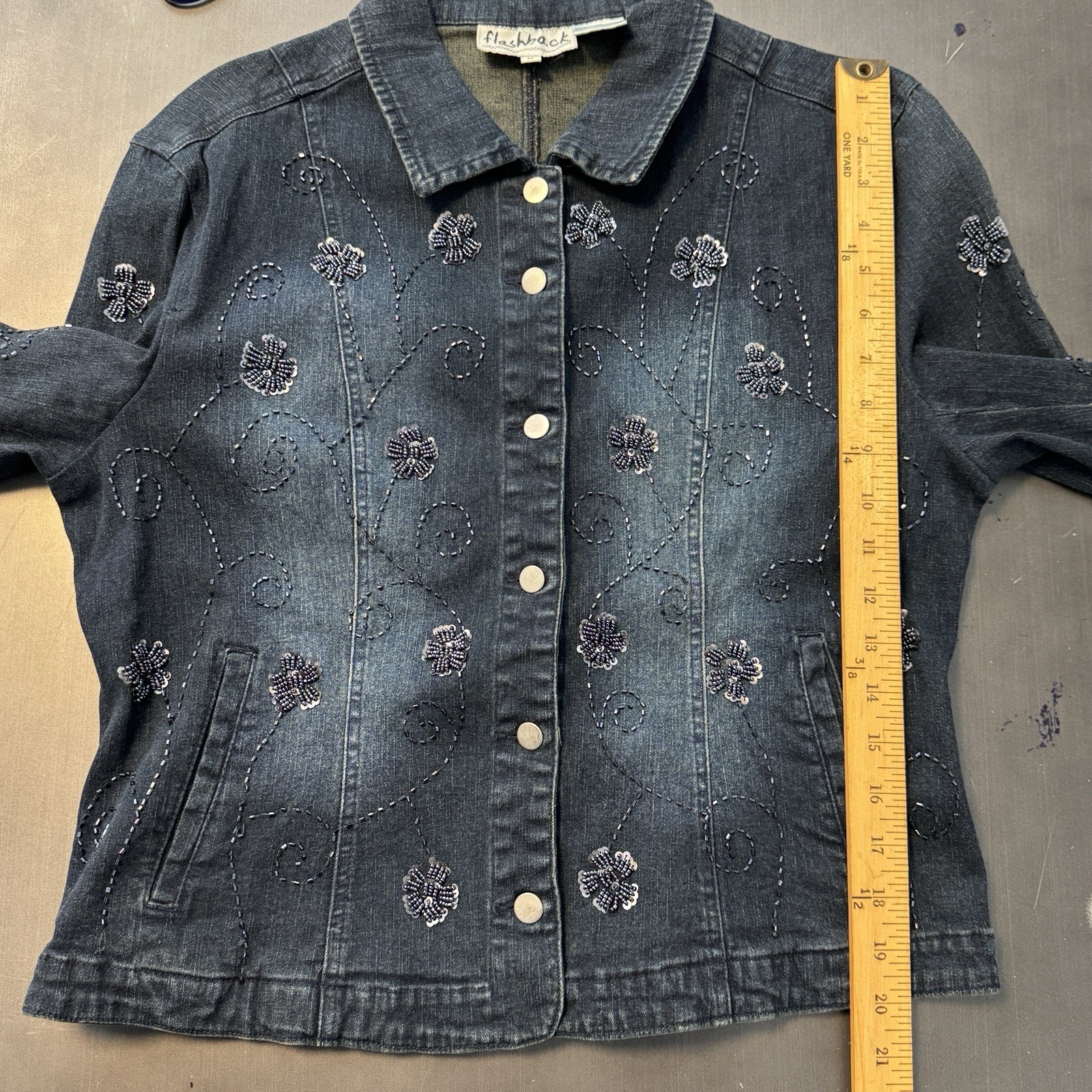 Flashback Blue Denim Beaded Western Jean Jacket Boho Flower Bedazzled M Stretch