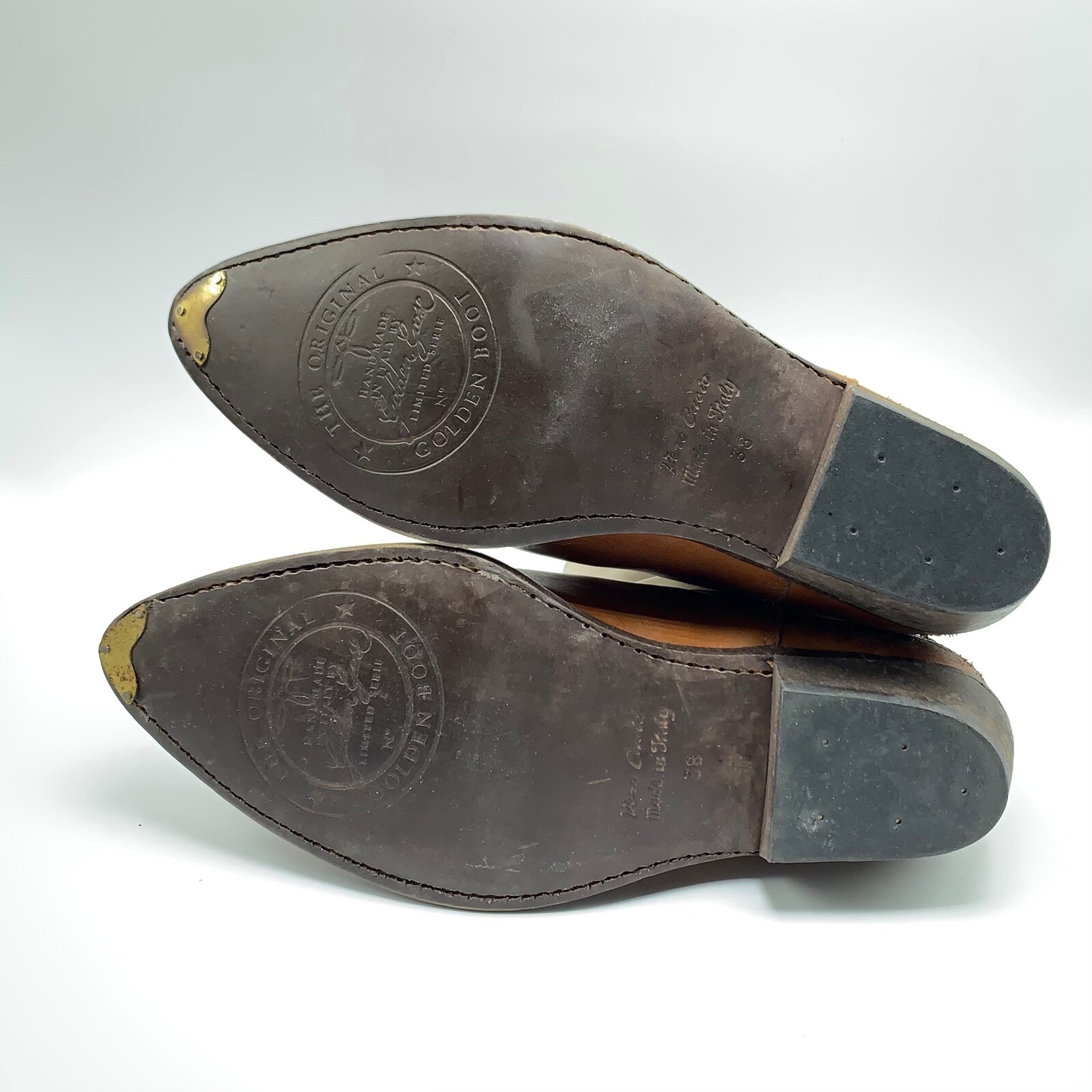 $950 Golden Goose Tribute Distressed Cowboy Western Ankle Boots Brown Grey 38