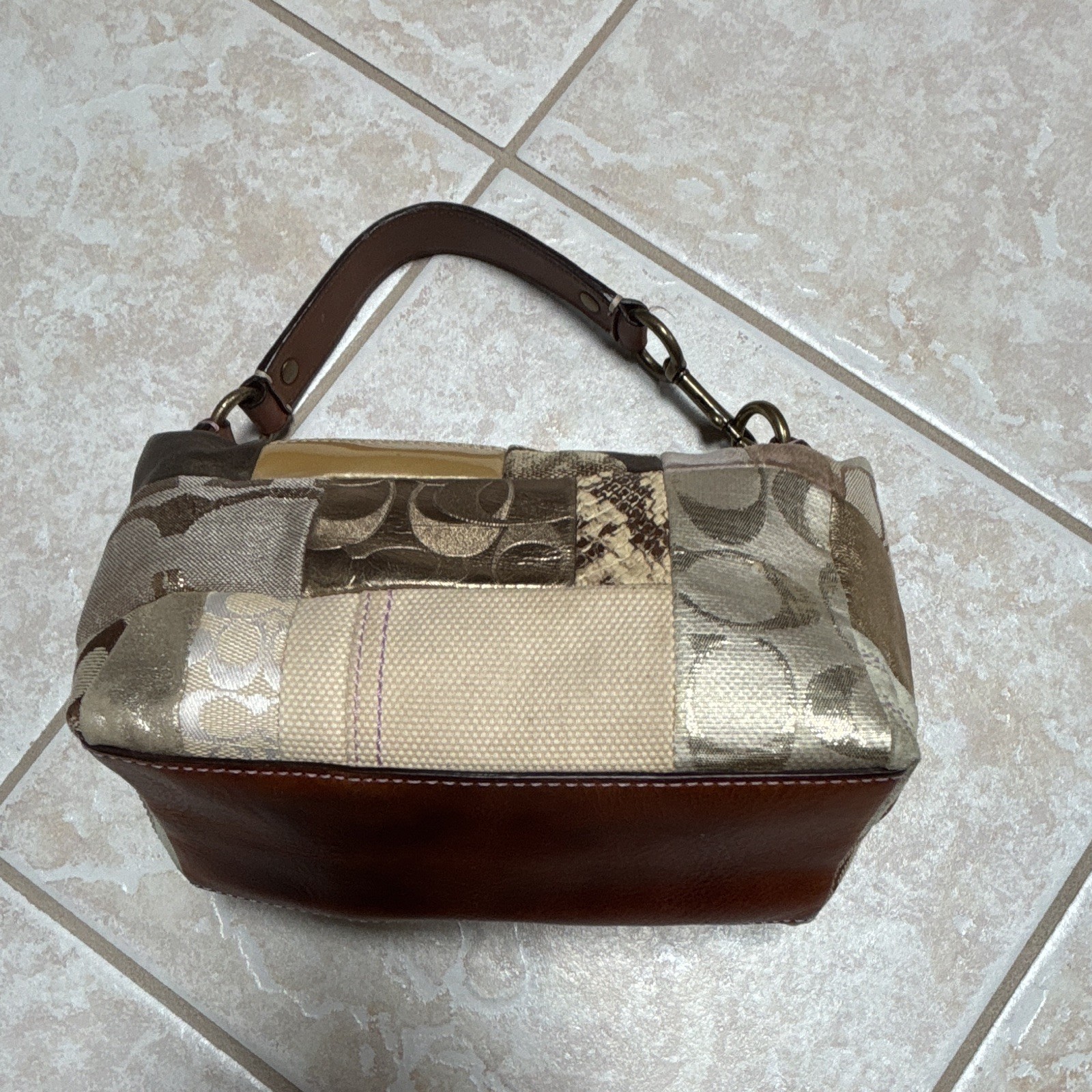 Vintage Coach Patchwork Logo Shoulder Bag Gold Brown Beige Purple Small Designer