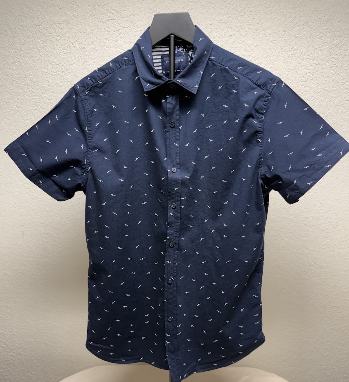 Denim & Flower Bird Print Cotton Blend Button-Up Shirt Blue Short Sleeve 38