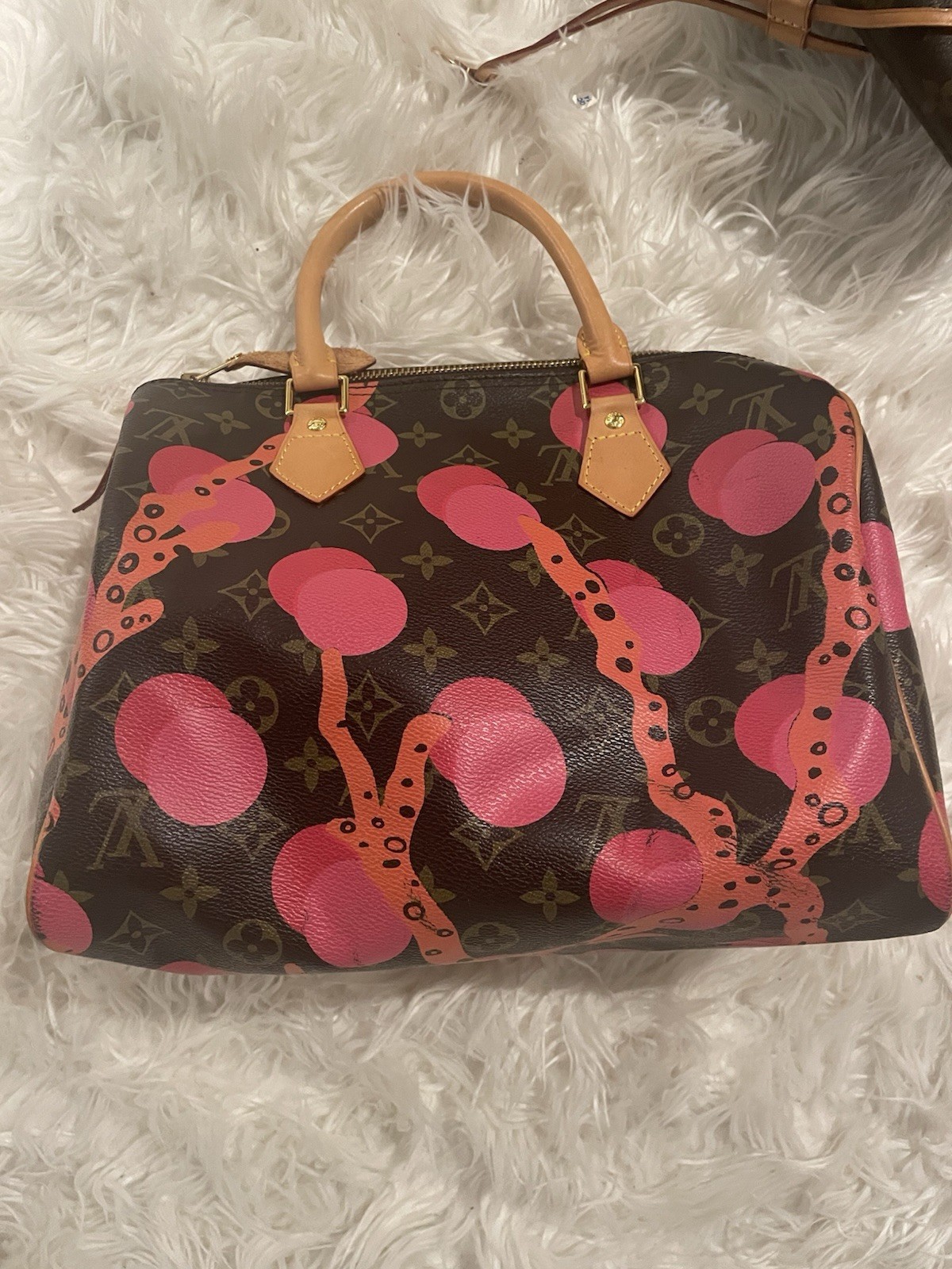 Louis Vuitton Monogram Brown Speedy Satchel Zip Top Pink Cherry Print Strap
