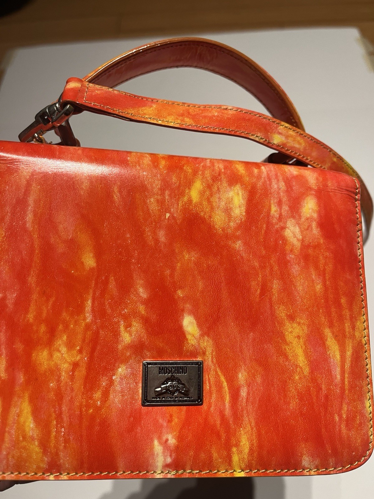 Vintage 90s Y2K Moschino Redwall Heart Locking Satchel Purse Orange Flames RARE