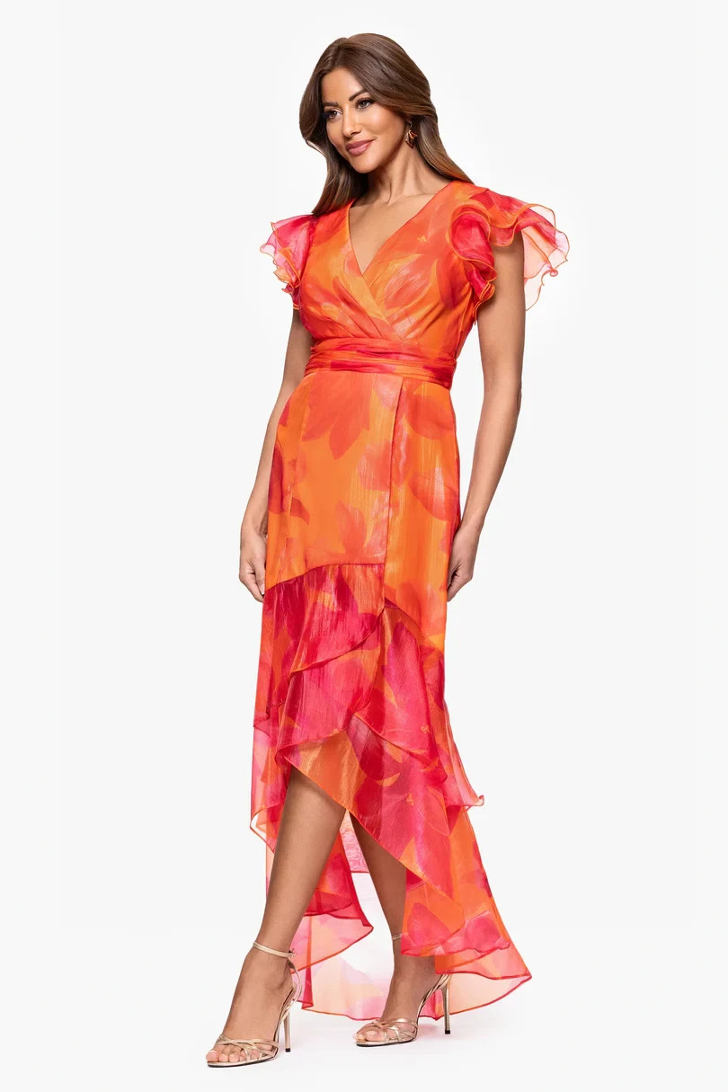Xscape Coral Orange Pink Organza Floral High Low Gown Size 16W $279