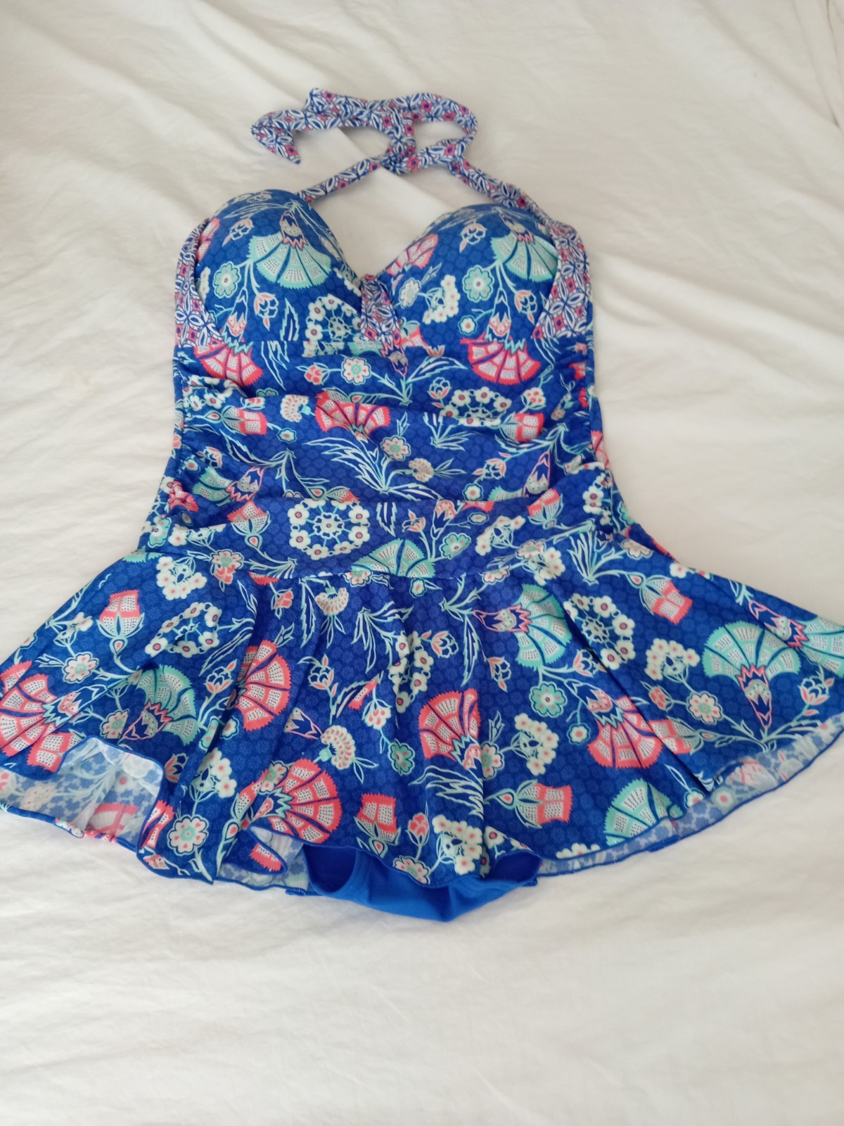 Debenhams Swimdress. Size 14 Vintage Halterneck Ties Blue & turquoise & coral