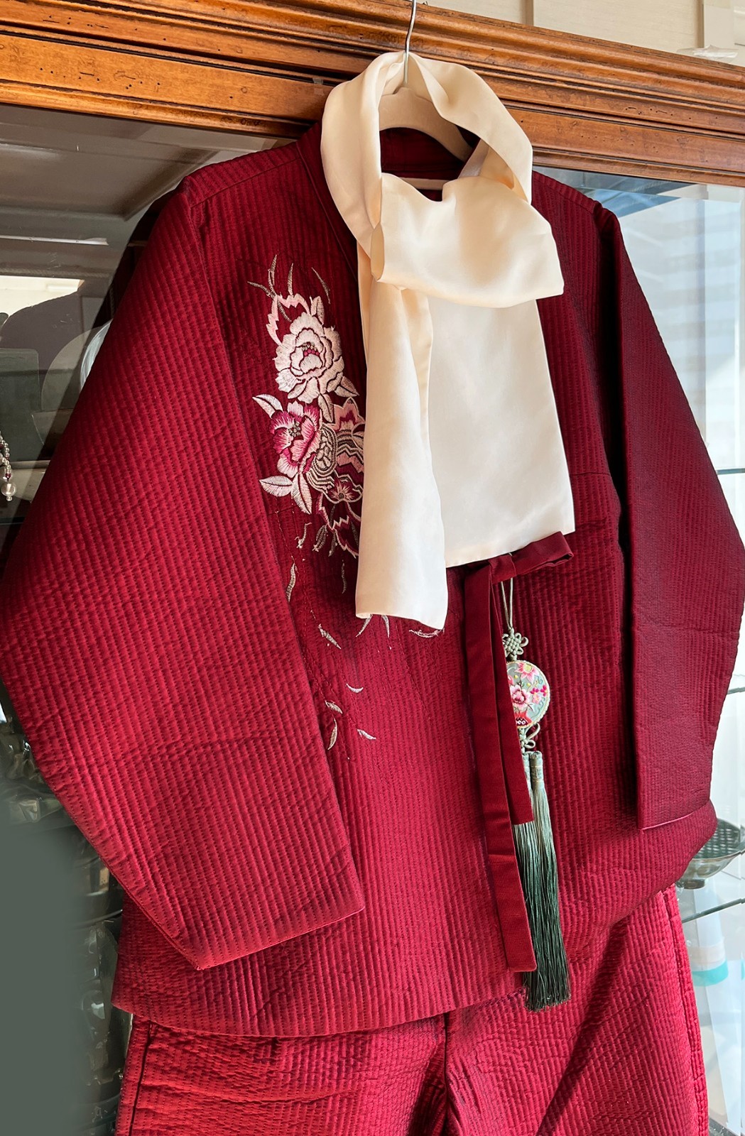 S-M Traditional Korean Modern Hanbok Set-Quilted Nubi Burgundy Top/ Pants /Scarf
