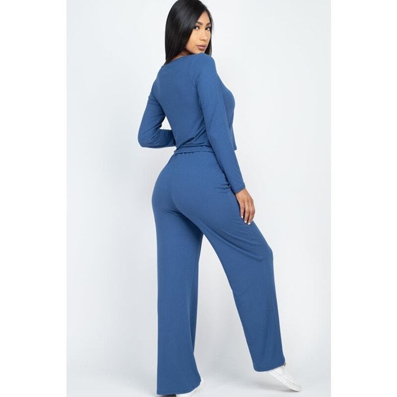 Loose Fit Long Sleeve Top & Pants Set in Blue Size Medium
