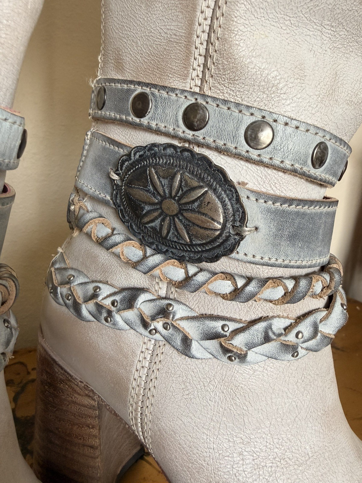 Freebird Juniper Cream Leather Braided Studded Knee High Boots Size 8