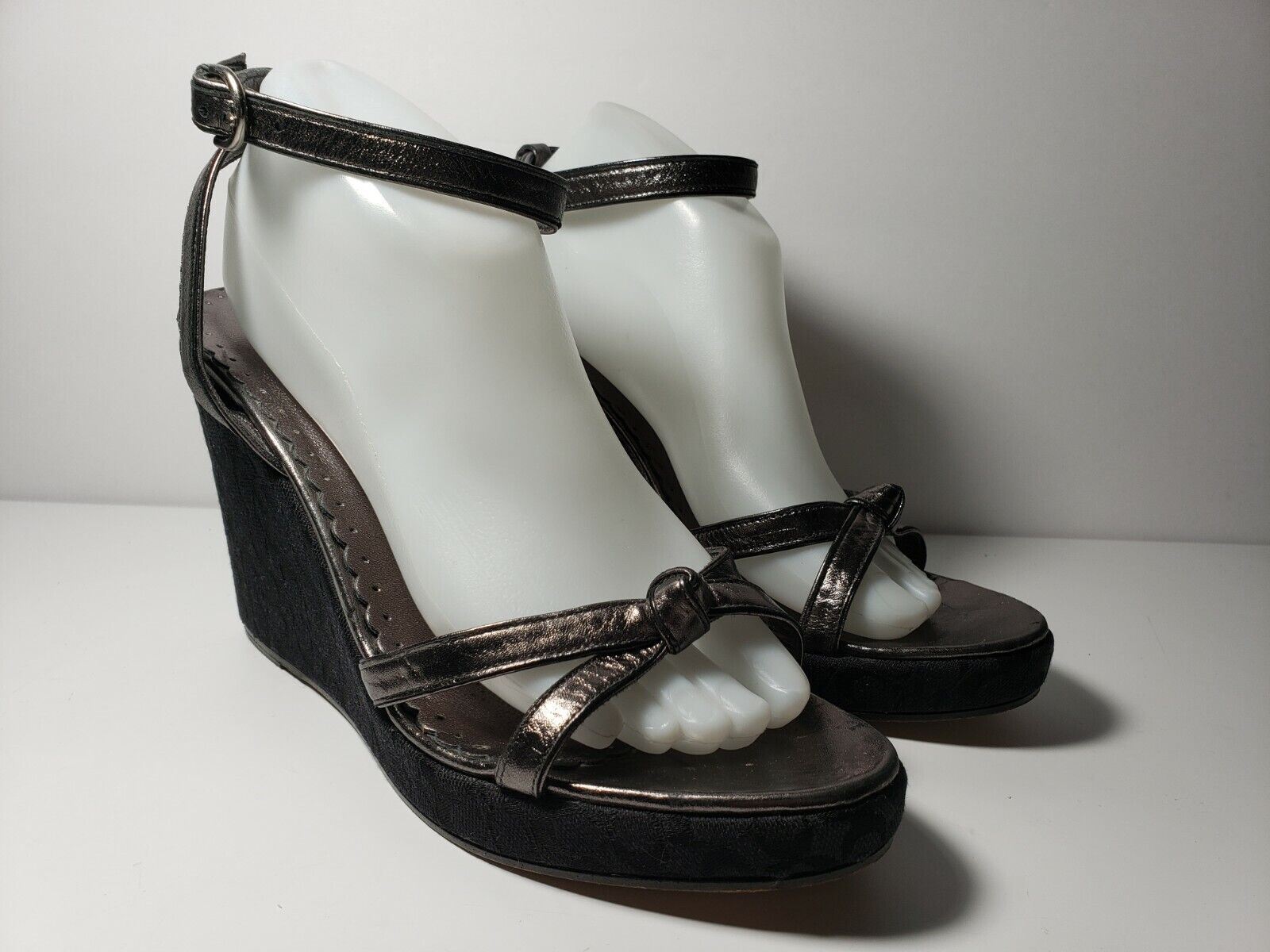 Coach Women’s Pewter/Black CC Monogram Ankle Strap Platform Wedge – Size 10B