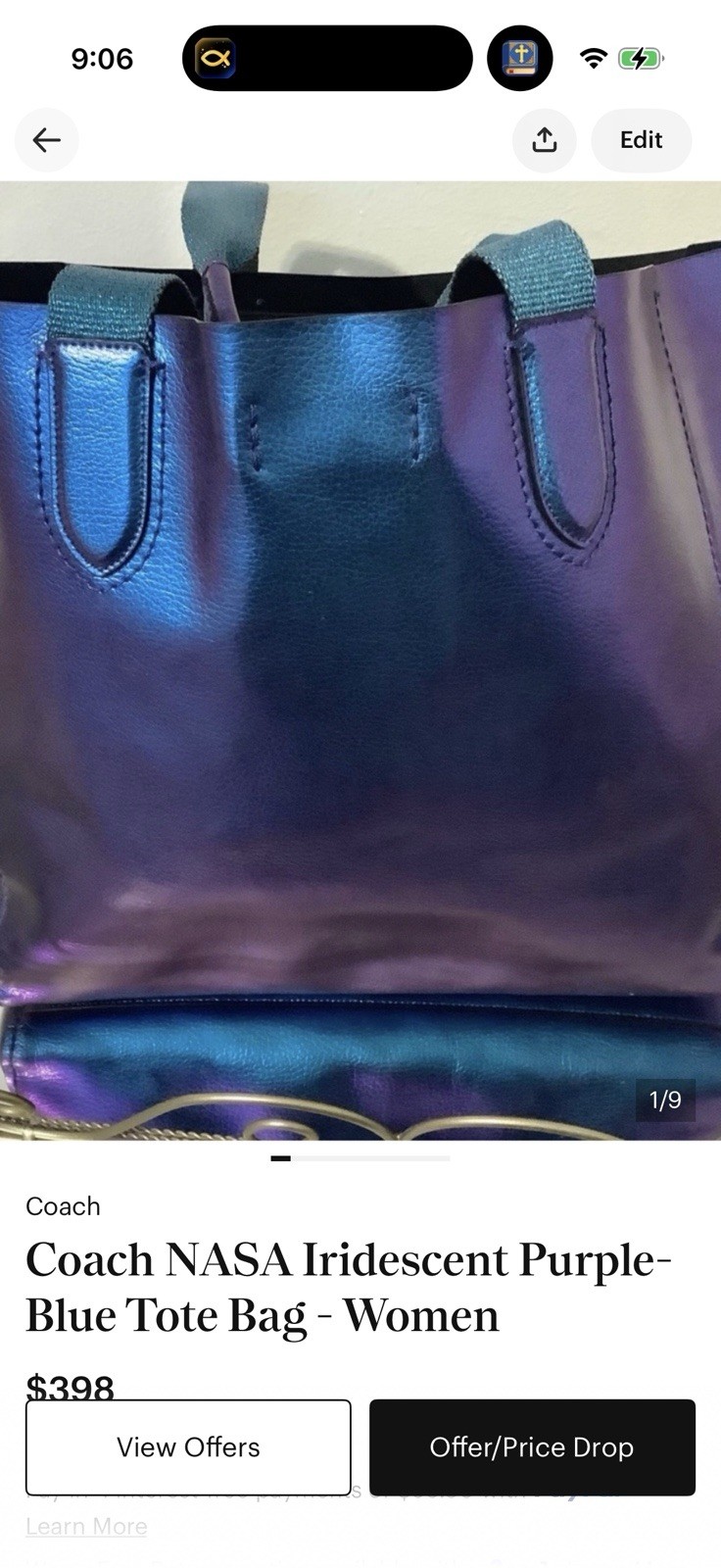 Coach Large Derby Tote in Hologram Leather F59388 Metallic Oil Slick Iridescent