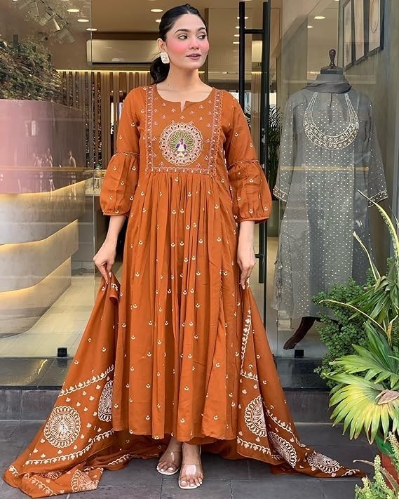Women Rayon Printed Anarkali Kurta Set with Dupatta
