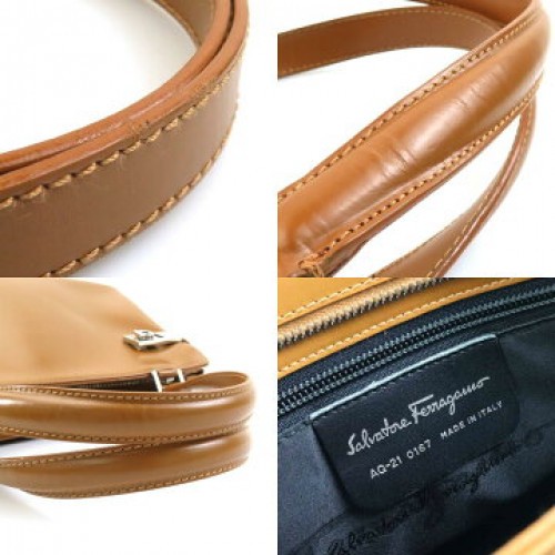 FERRAGAMO Gancini 2-Way Bag Camel Leather Handbag H7.4 W9.8 D4.5 Strap 34.8in