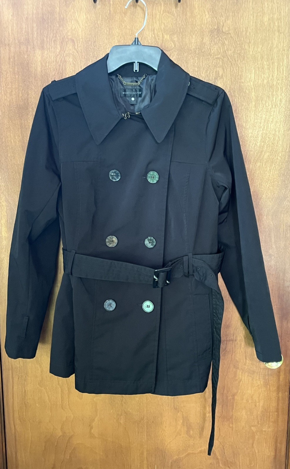 Worthing Black Trench Rain Coat Women’s Size L Mid Length Jacket Belted Classic