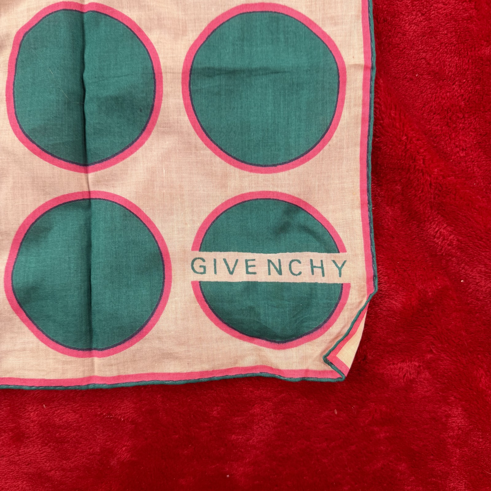 Vintage Givenchy Silk Polka Dot Scarf Green Pink Beige Designer Square