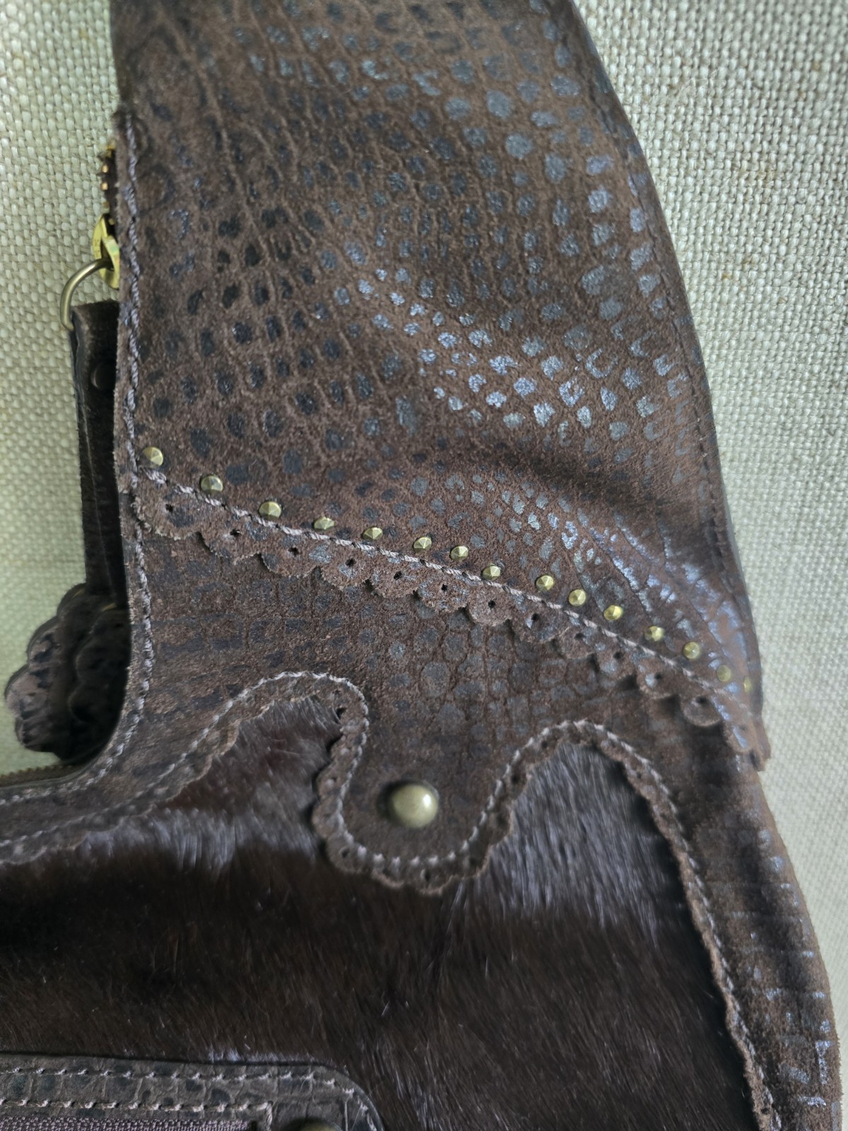 Isabella Fiore NWT, Brown Leather/Calf Hair Studded Hobo Bag, Aldic Ging RARE