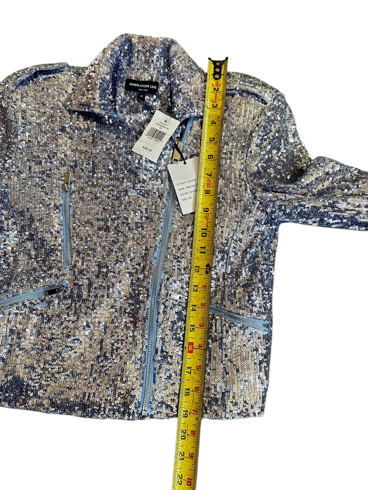 Generation Love Robin Sequin Moto Jacket Long Sleeves Cropped Silver Blue Sz XS