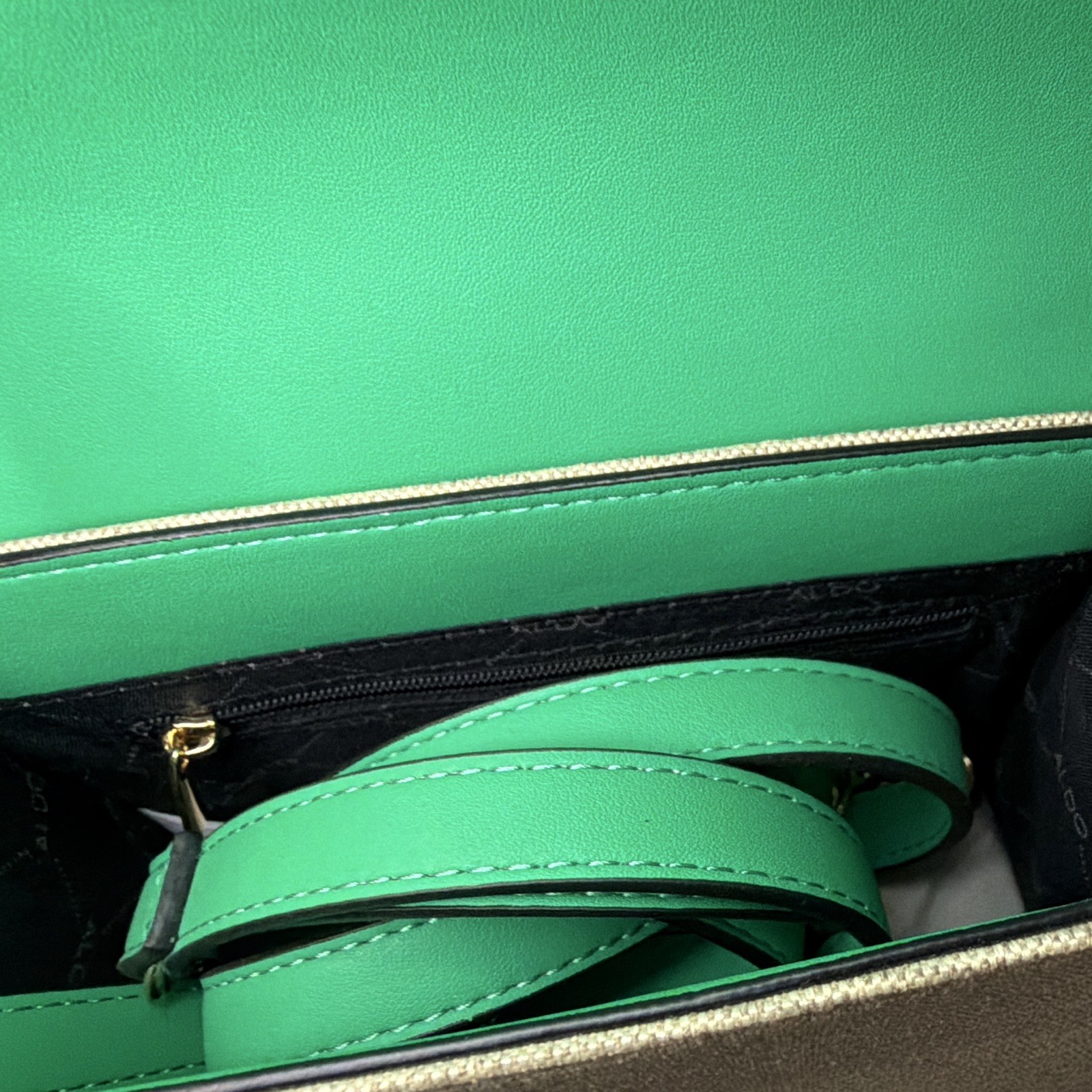 ALDO Beige/Green Satchel Top Handle Bag Magnetic Close, Chain Logo, Gold HW