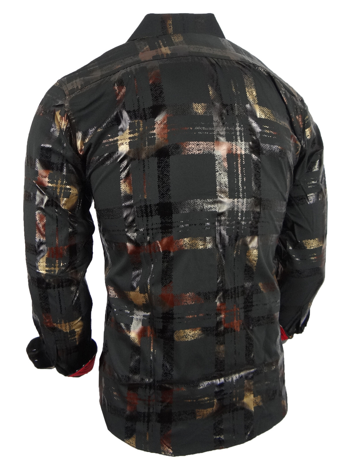 Mens Shirt Designer Plaid Print Bronze Leaf Foil Overlay Stretch Slim Fit Button