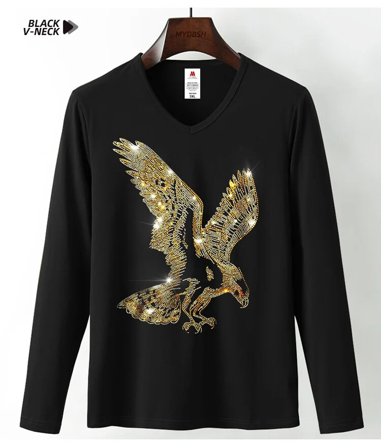 Fashion Trend Eagle Rhinestones Streetwear Long Sleeve Luxury Men V-Neck T-Shirt