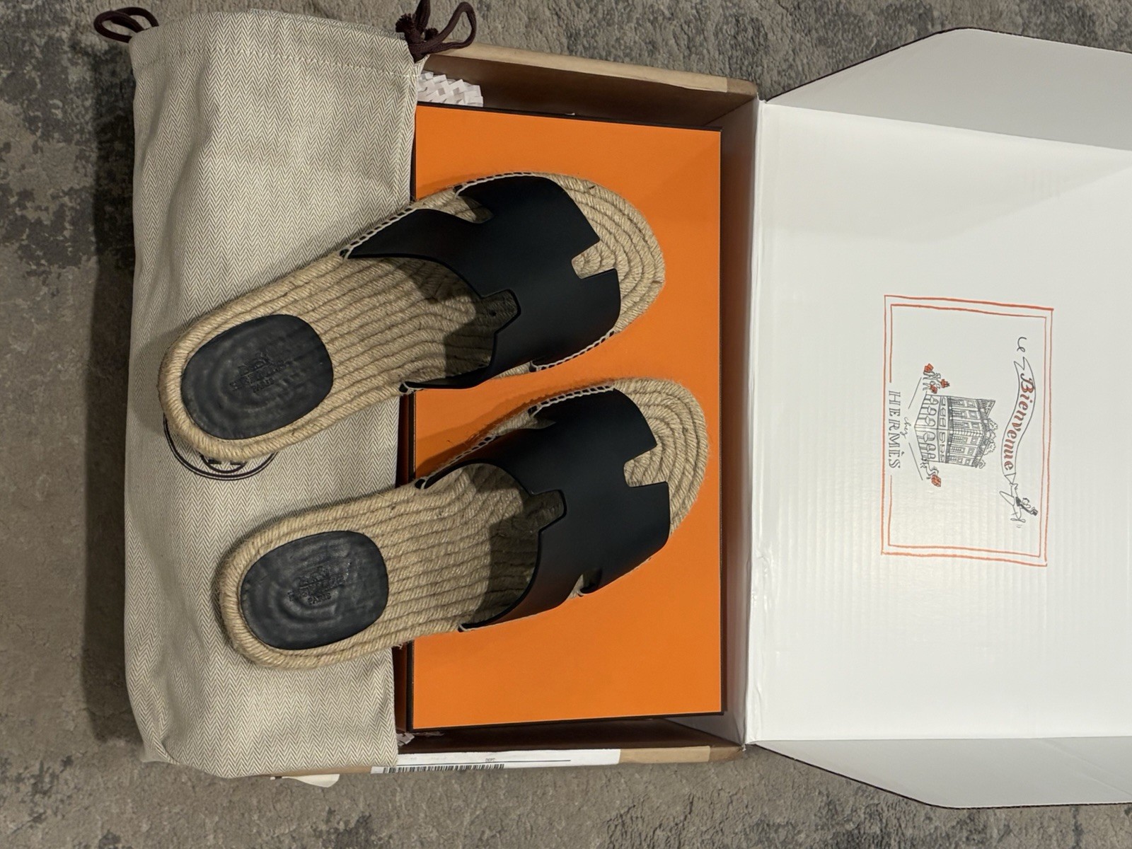 Hermès Antigua Espadrille Sandals Black Leather EU 43 US 10 w/ Box Dust Bags