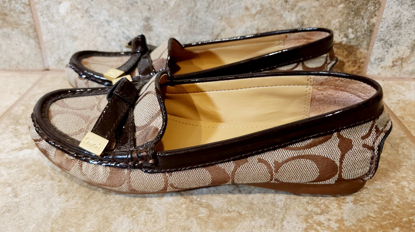 Coach | Women’s 5 B Frida Monogram CC Canvas Brown Leather Driver Loafers EUC ✨️