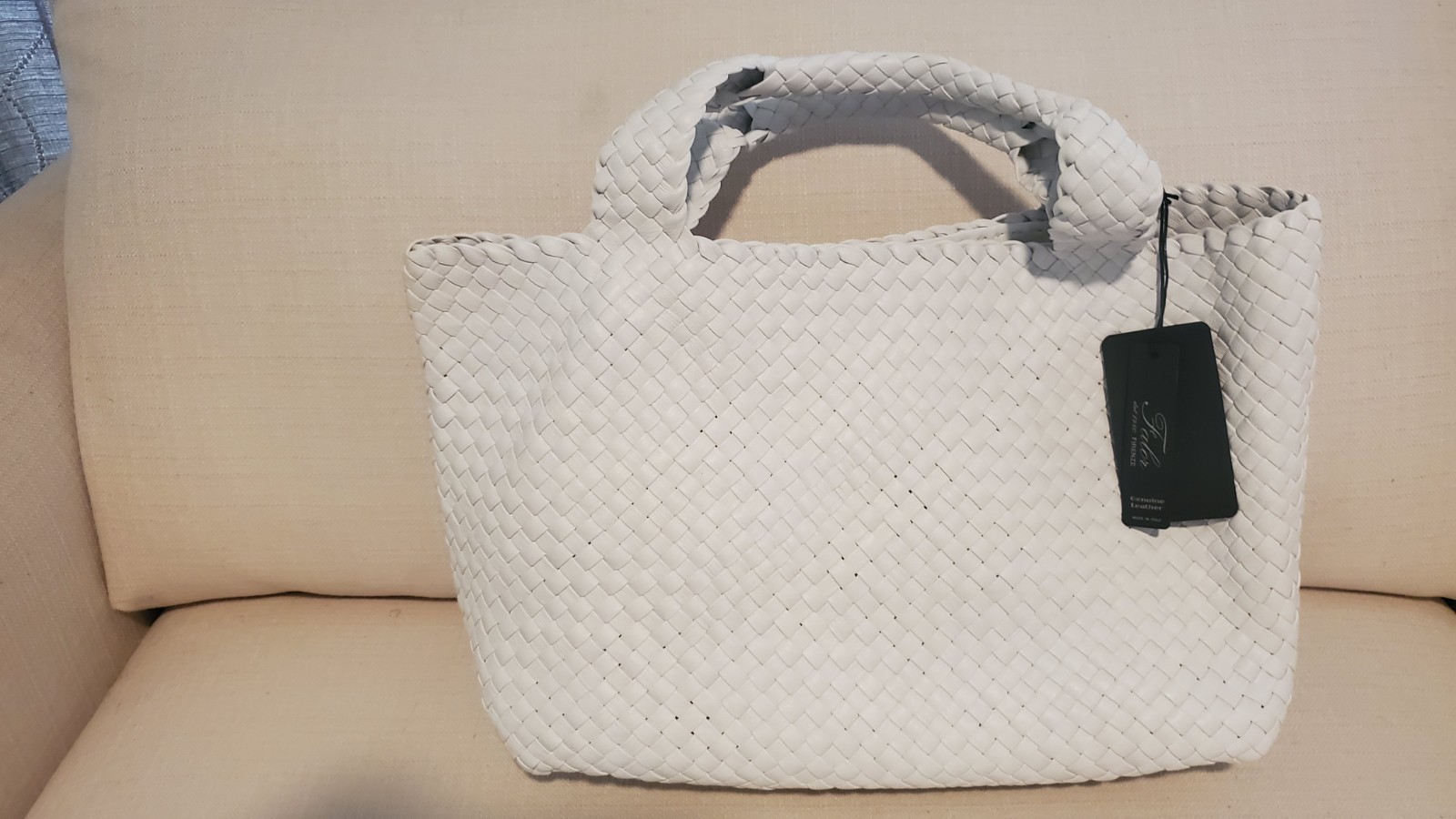 FALOR Made in Italy Woven Leather Large Tote Bag NWT White F7349T