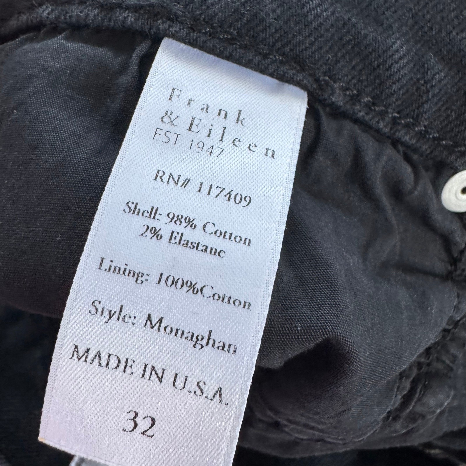 Frank & Eileen Denim Monaghan Raw Hem Jeans Black Sz 32