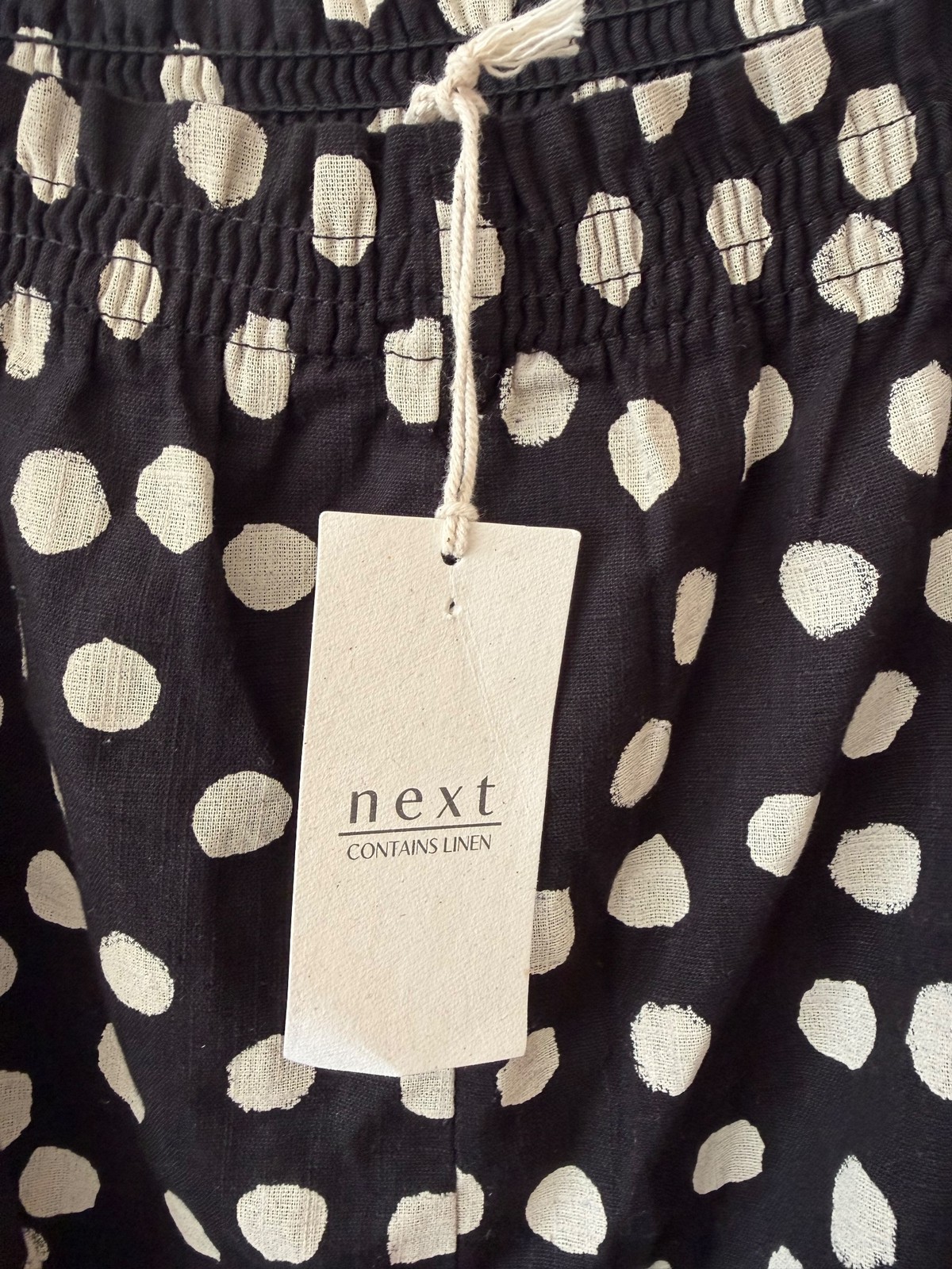 Next Black Beige Polka Dot Linen Cotton Midi Dress UK 10 Tassel Strap BNWT