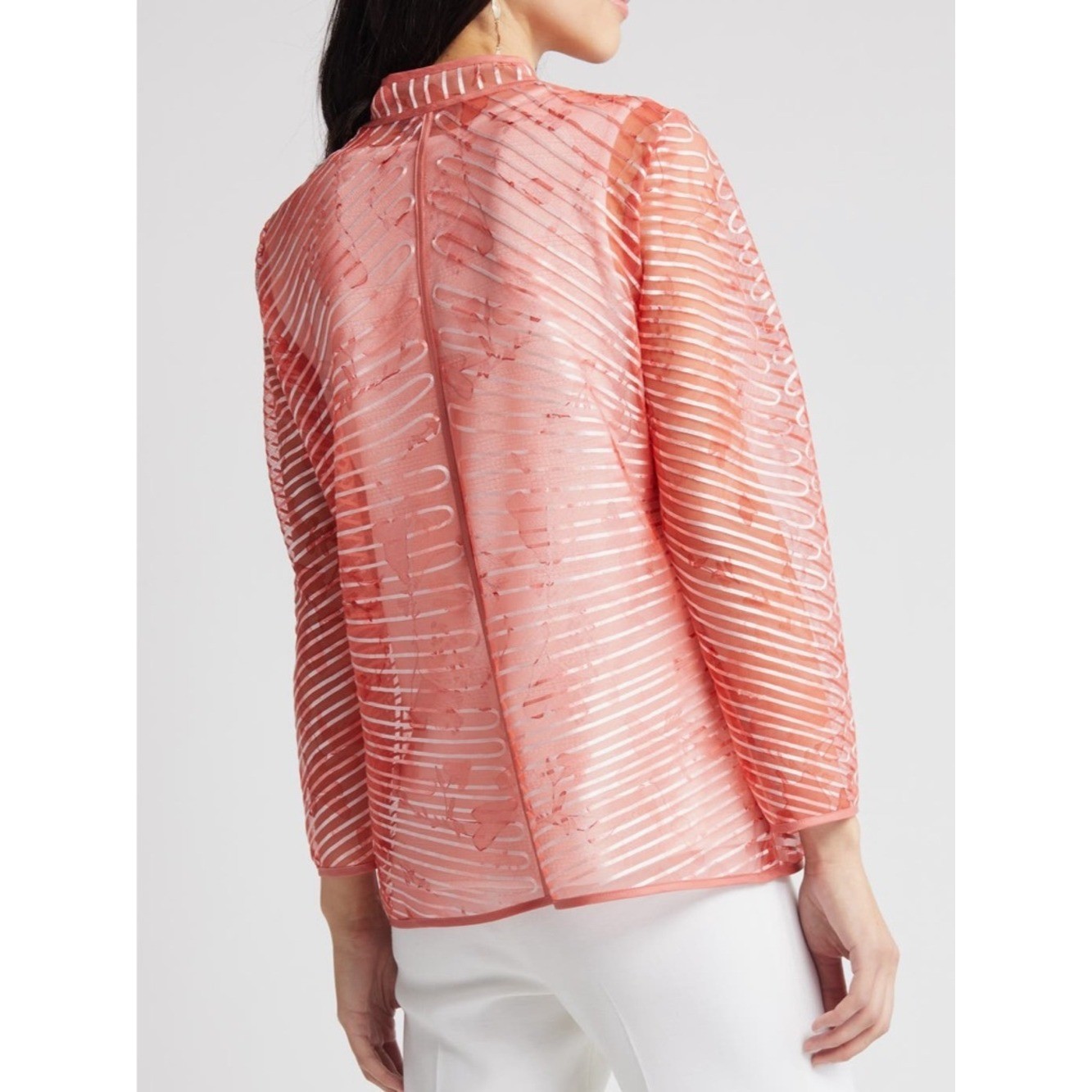 Ming Wang Sheer Stripe Open Front Jacket Topper Coral Size XS