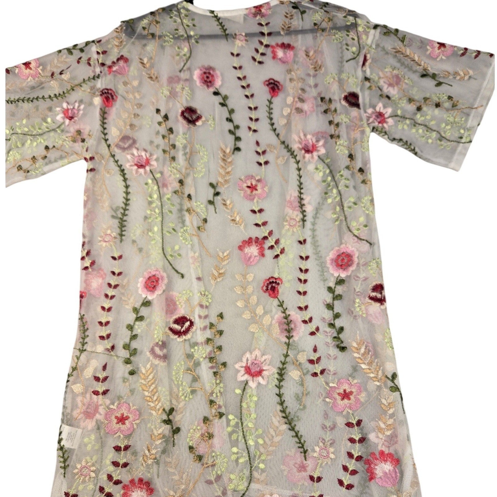 Trendy JS Floral Embroidered Mesh Kimono Cardigan White Pink Large Boho Sheer