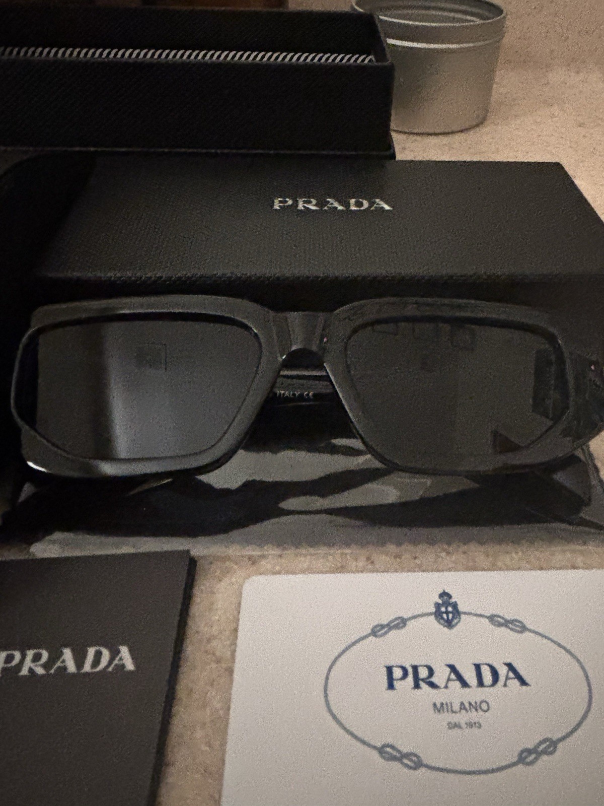 PRADA 8297 Rectangle Designer Sunglasses Black Frame & Lens UV400 Fashion Women