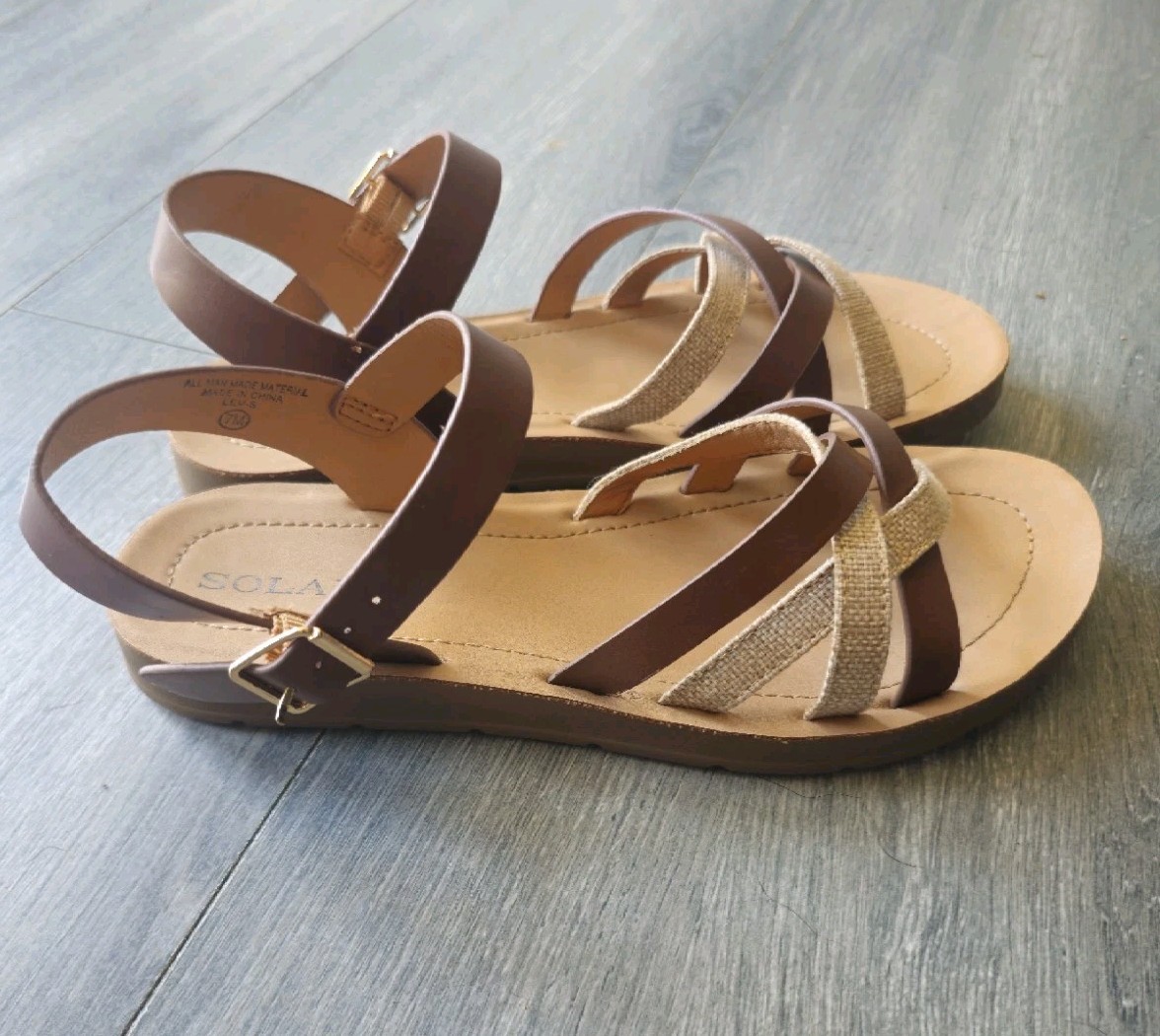 Solanz Brown/Beige Synthetic Strappy Ankle Strap Sandals Women’s 7 M/38