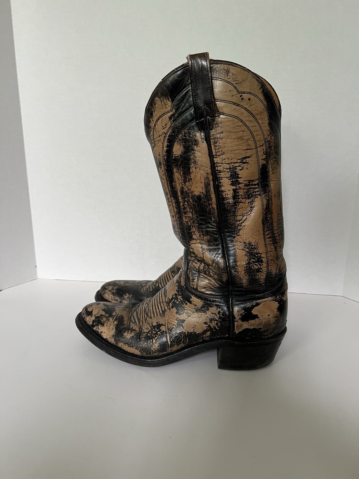 J Chisholm Distressed Tan Black Western Leather Cowboy Boots USA Mens 9D