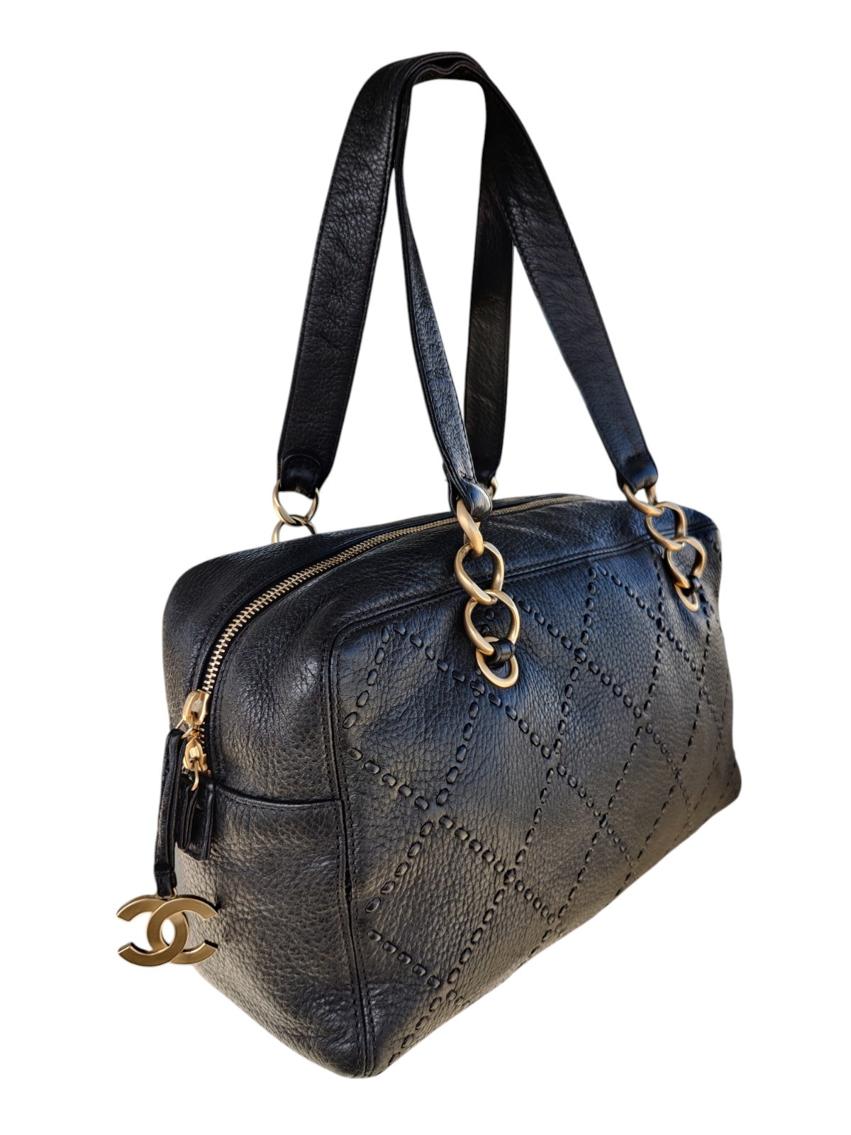 Vintage Chanel Black Leather Bowling Bag Surpique Gold CC Zip Authentic Shoulder