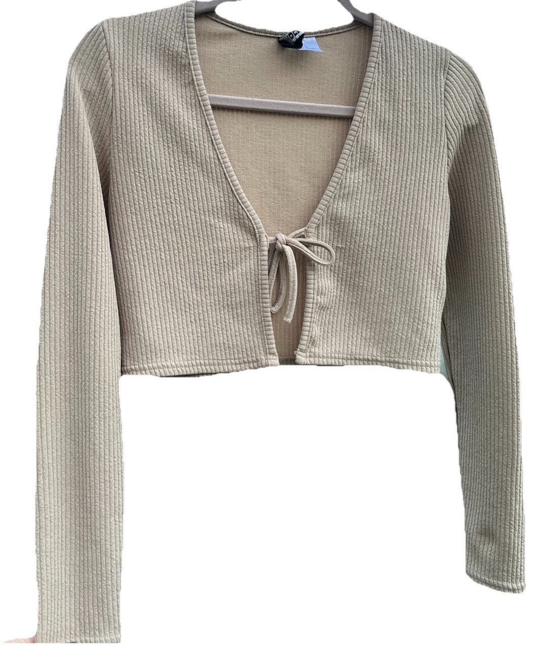 H&M Women’s S Beige Solid Ribbed Knit Cropped Tie-Front V-Neck Cardigan