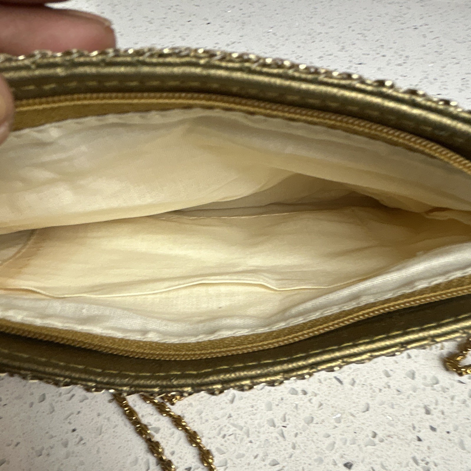 Gold Metallic Crossbody Bag Zip Closure Chain Strap Ivory Lined Inner Pockets