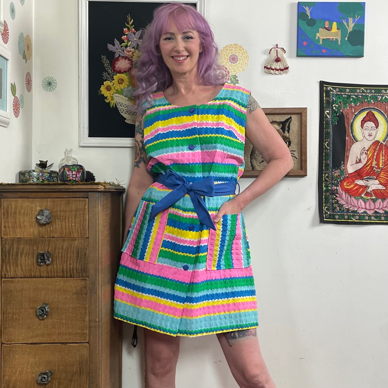 Vintage Rainbow Stripe House Dress, 1970s Button Front Housecoat, Sz L-XL