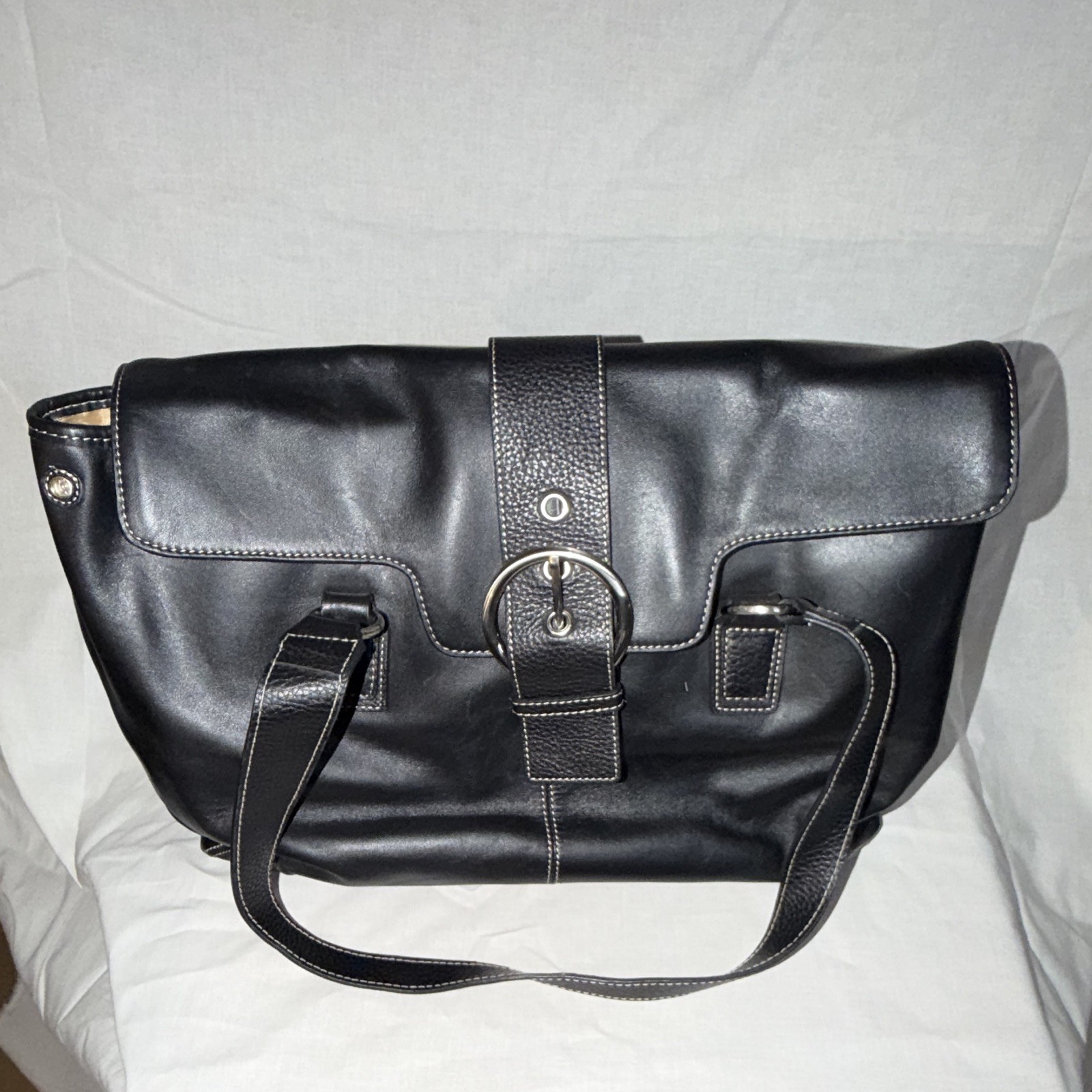 Franklin Covey Black Pebbled Tote Bag Buckle Accent Silver Hardware Beige Lined