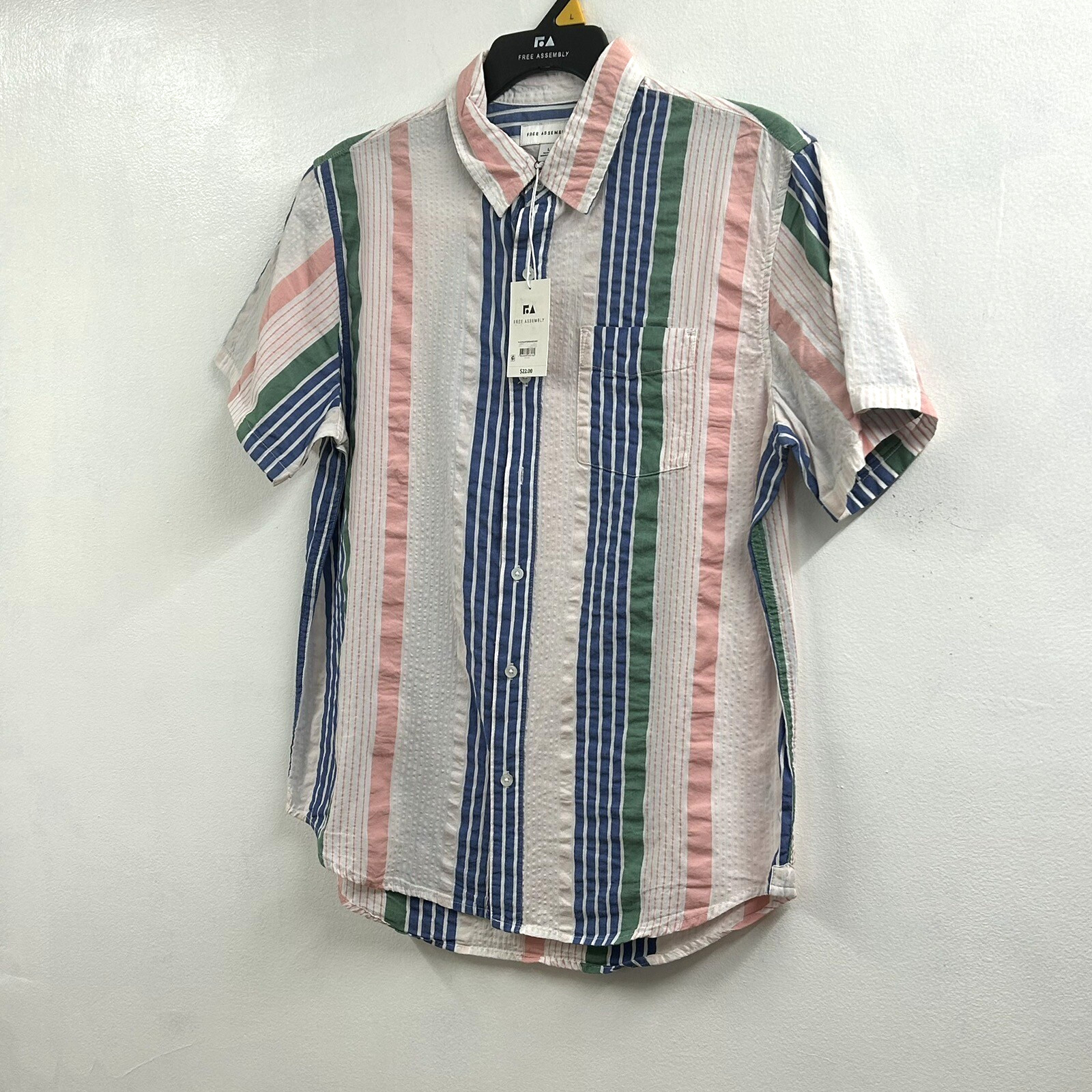 Free Assembly Shirt Size L Striped Print Button Down Short Sleeve NWT