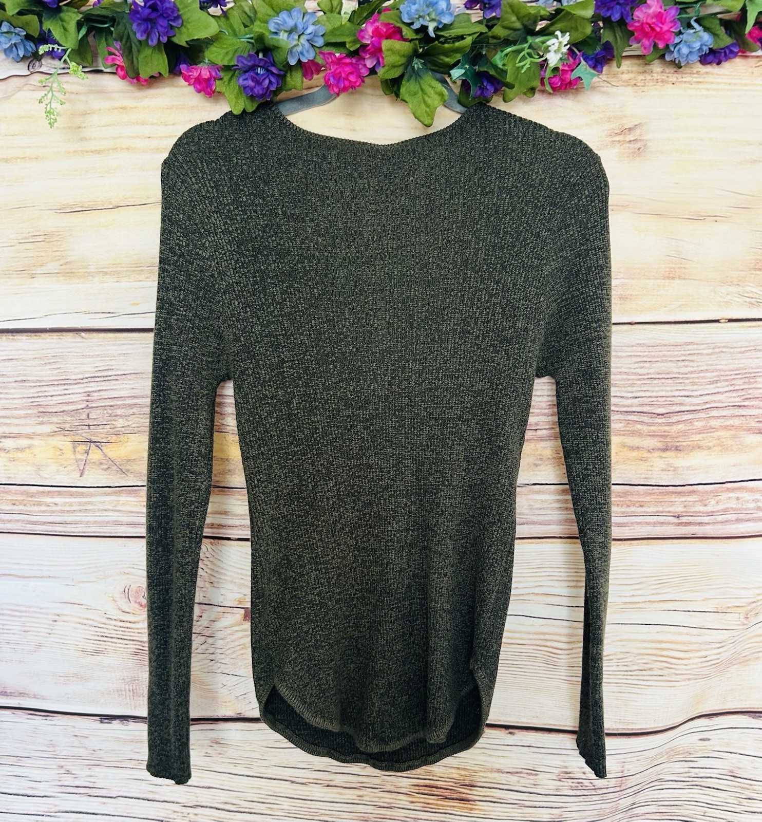 No Boundaries Juniors Green Olive Marl Lace Up Neck Long Sleeve Ribbed Sweater