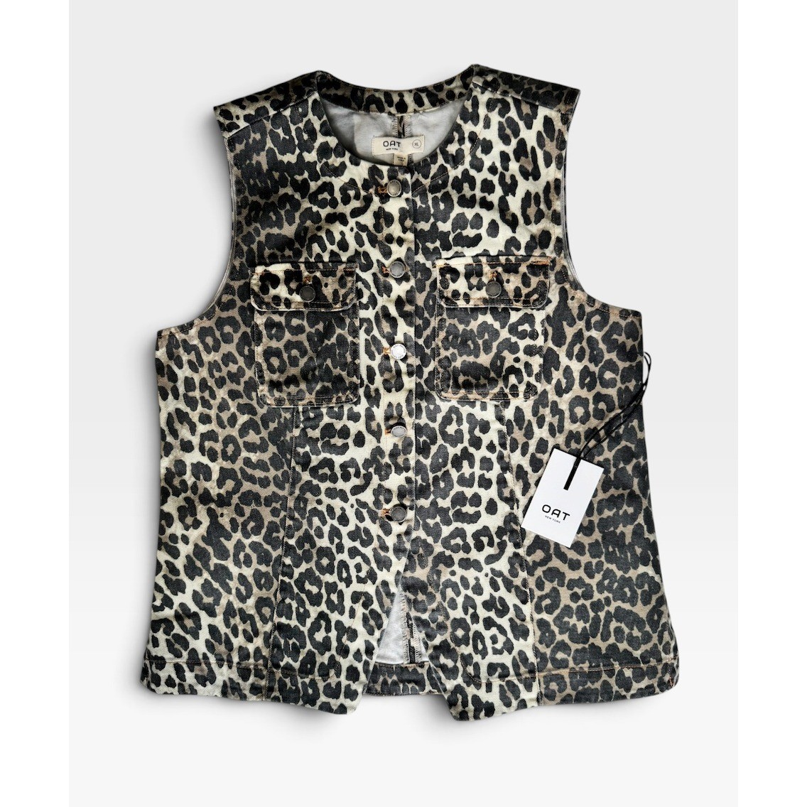 NWT OAT New York Leopard Print Denim Vest Women’s XL Utility Pocket Button Front