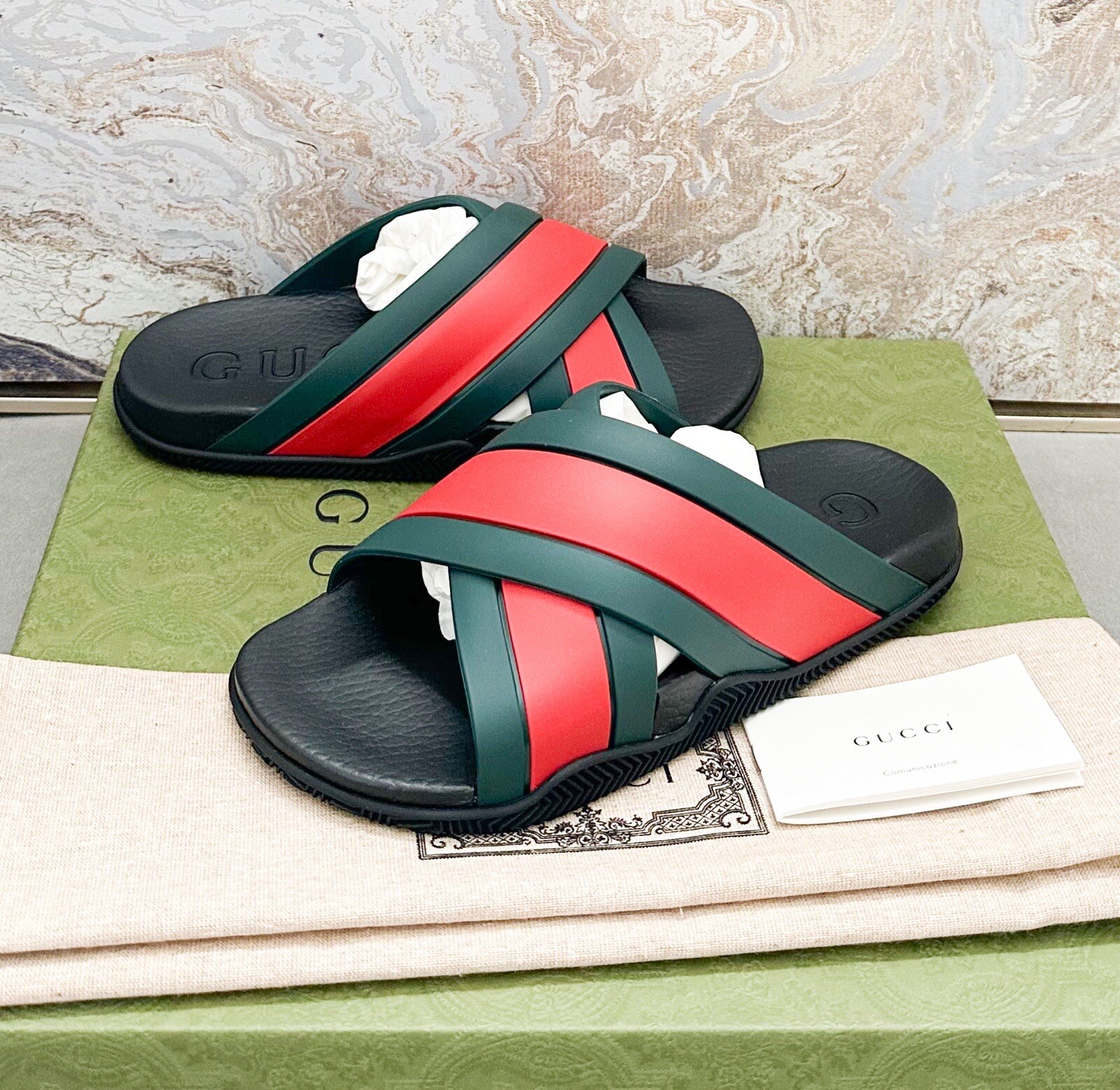 Gucci Rubber Web Criss Cross Slide Sandals