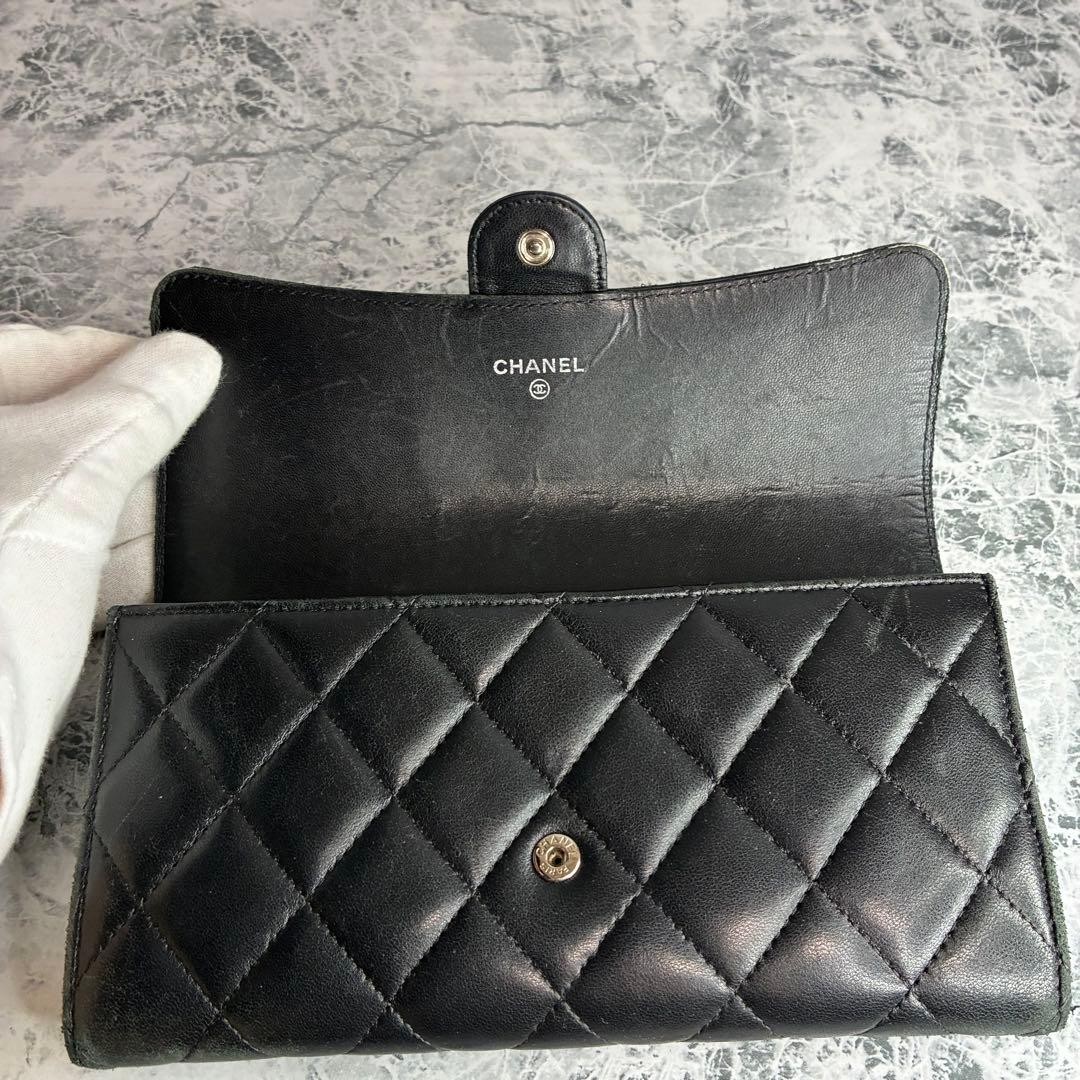 CHANEL Chanel Long Wallet Flap Lambskin Matelass Black