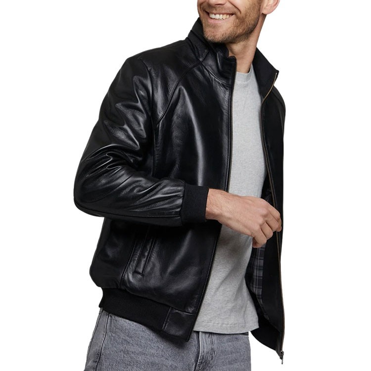 Men’s Black Leather Jacket Classic Bomber Motorcycle Zip Up Ribbed Cuff Coat