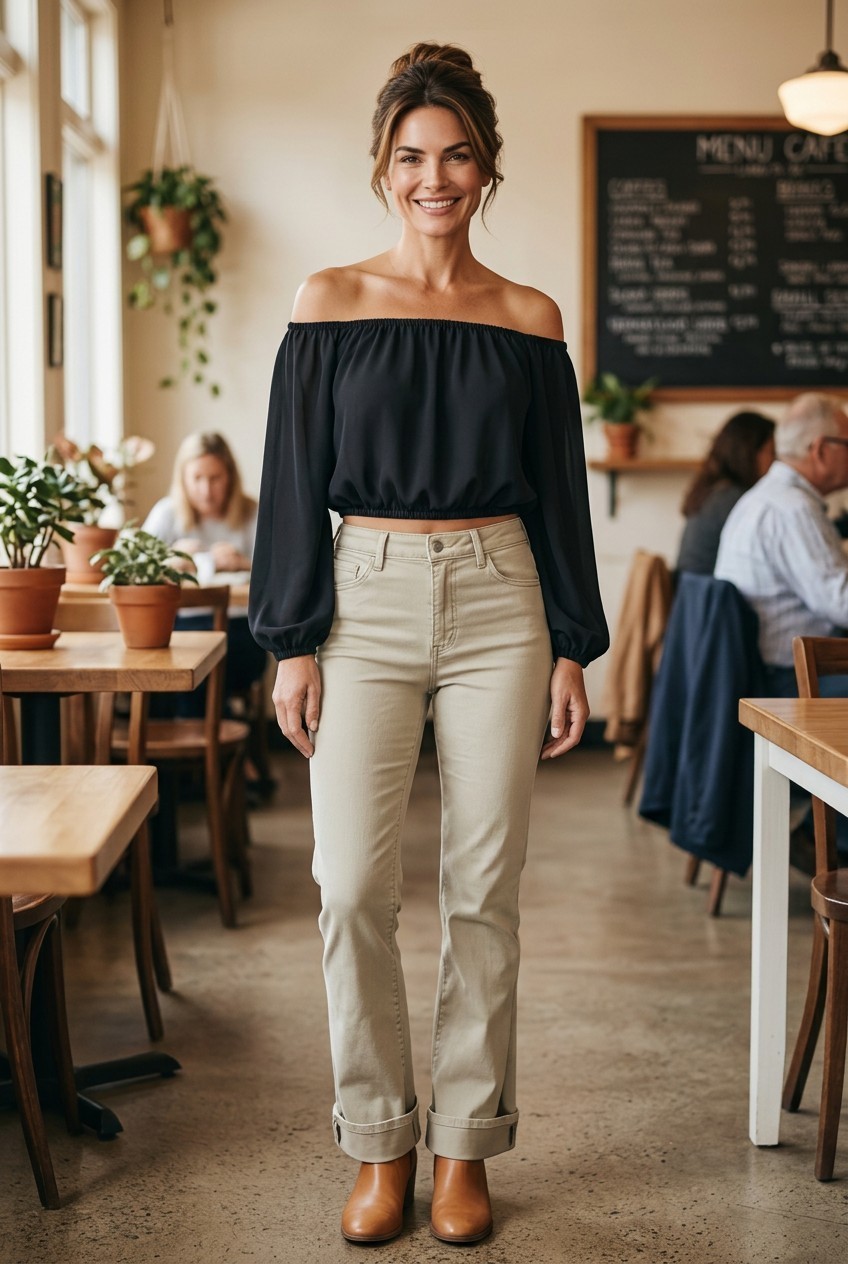 Black Off The Shoulder Long Sleeve Crop Top – M