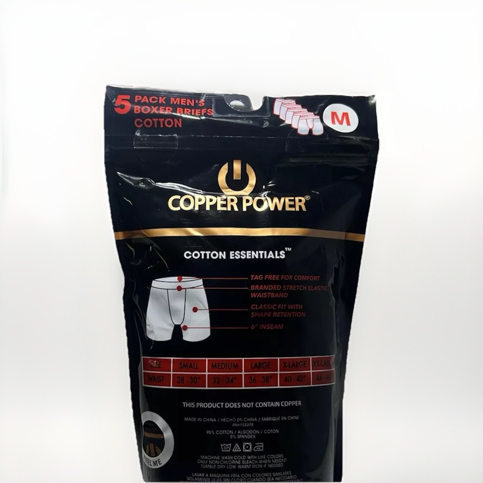 New Copper Power Men’s 5 Pack Classic Fit Boxer Briefs Sizes S, M, L, XL