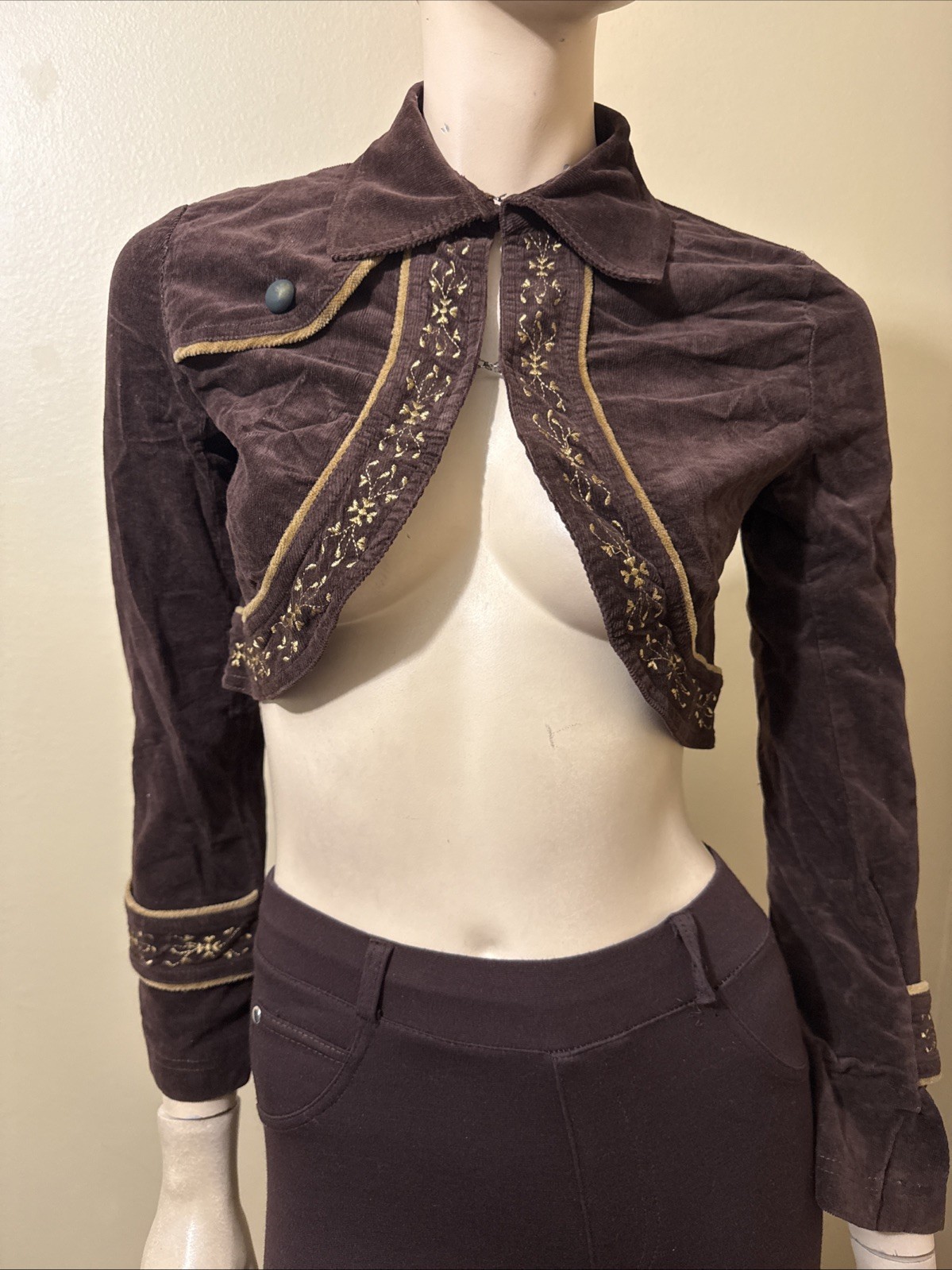 Women’s Brown Cotton Velvet Casual Embroidered Hooks Size M Short Jacket Cape