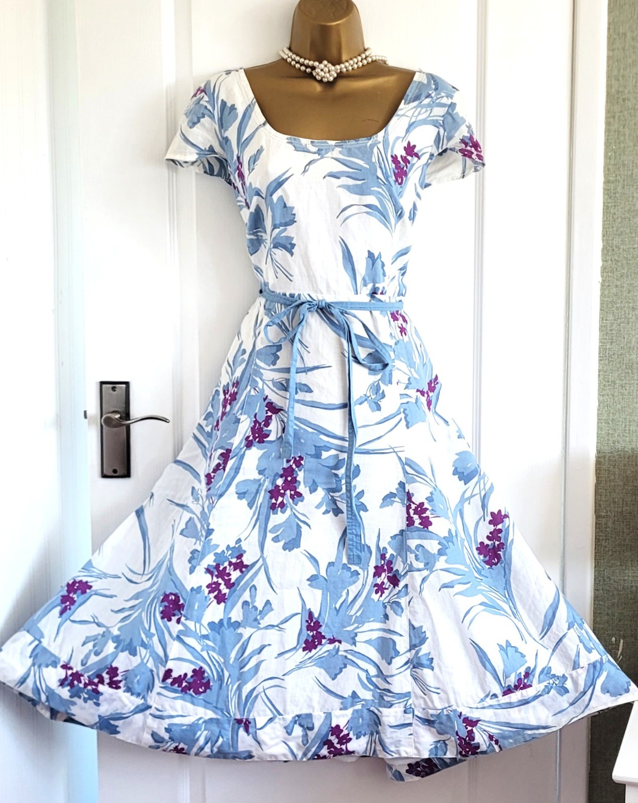 MONSOON WHITBY White Blue Floral Print Ramie Cotton Mix Fit & Flare Dress UK 20