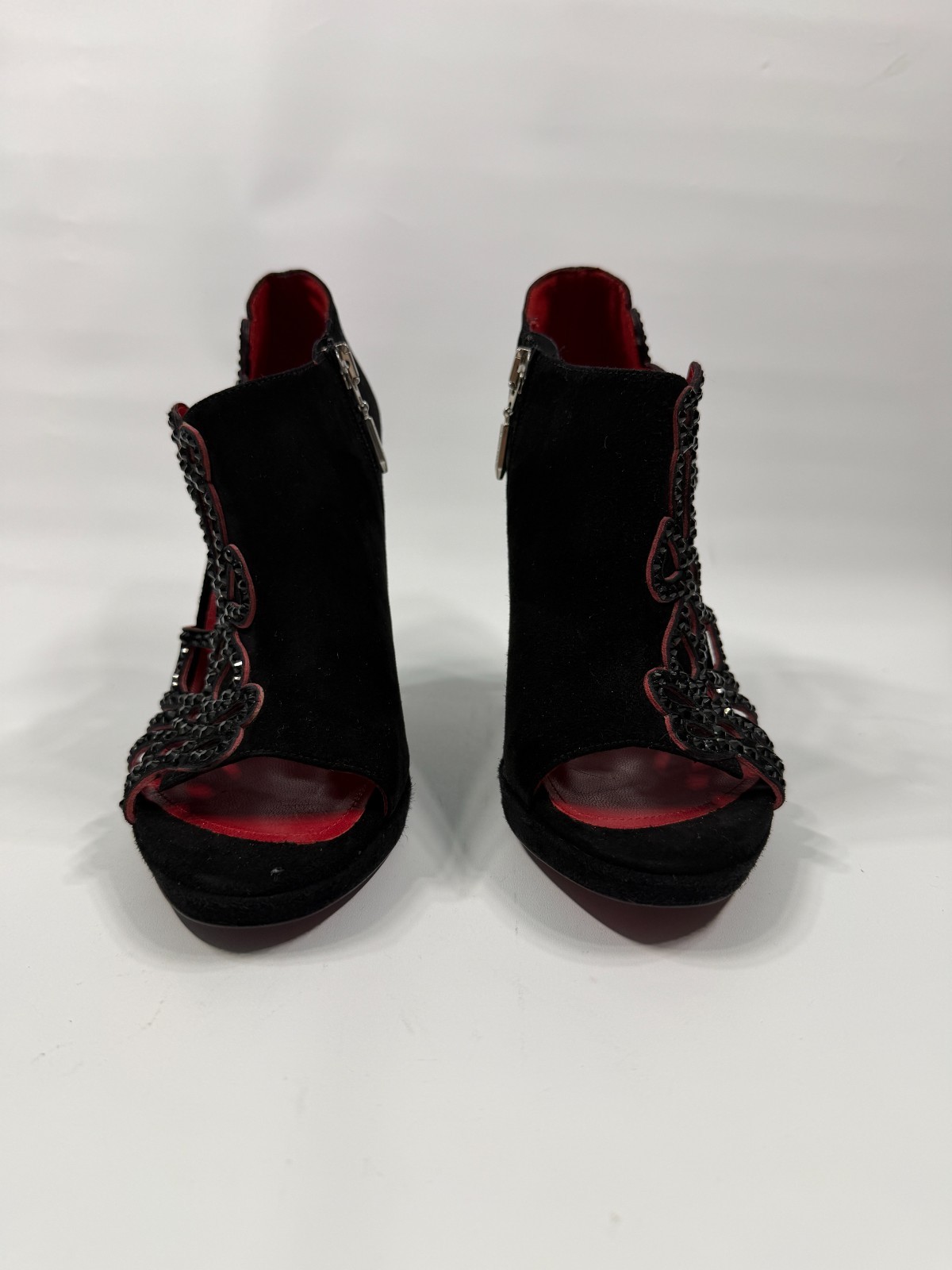 Cesare Paciotti Crystals Peep Toe Ankle Booties Black Suede Shoes Sandals 37