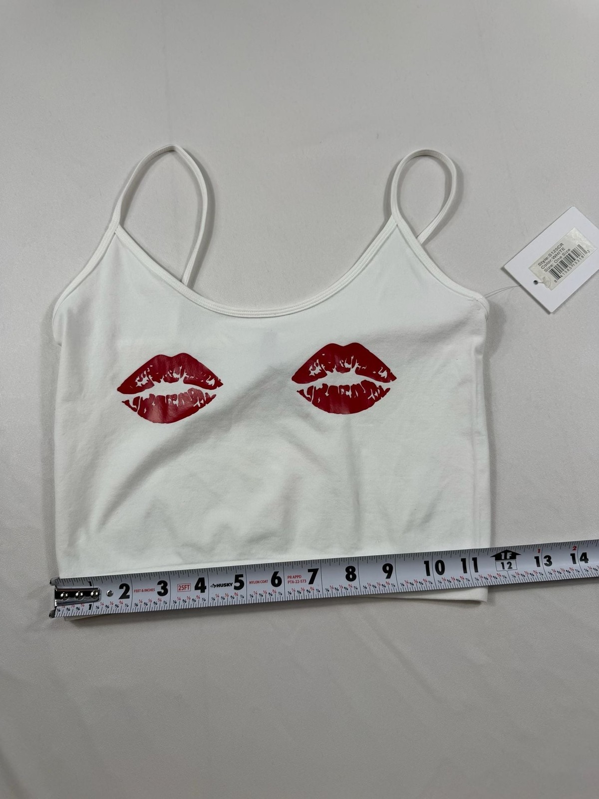 Sugarlips White Spaghetti Strap Crop Tank Top with Red Lips Print